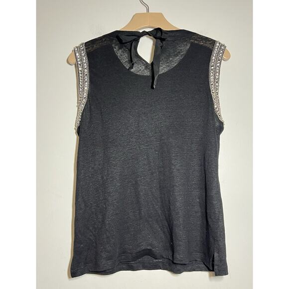 Generation Love NEW Black Linen Lucy Beaded Crystal Back Tie Tank Top Blouse M - Picture 5 of 7